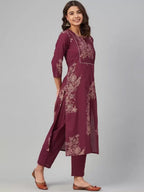 Sangria Women Floral Yoke Design Pure Cotton Kurta with Trousers | Grocsy