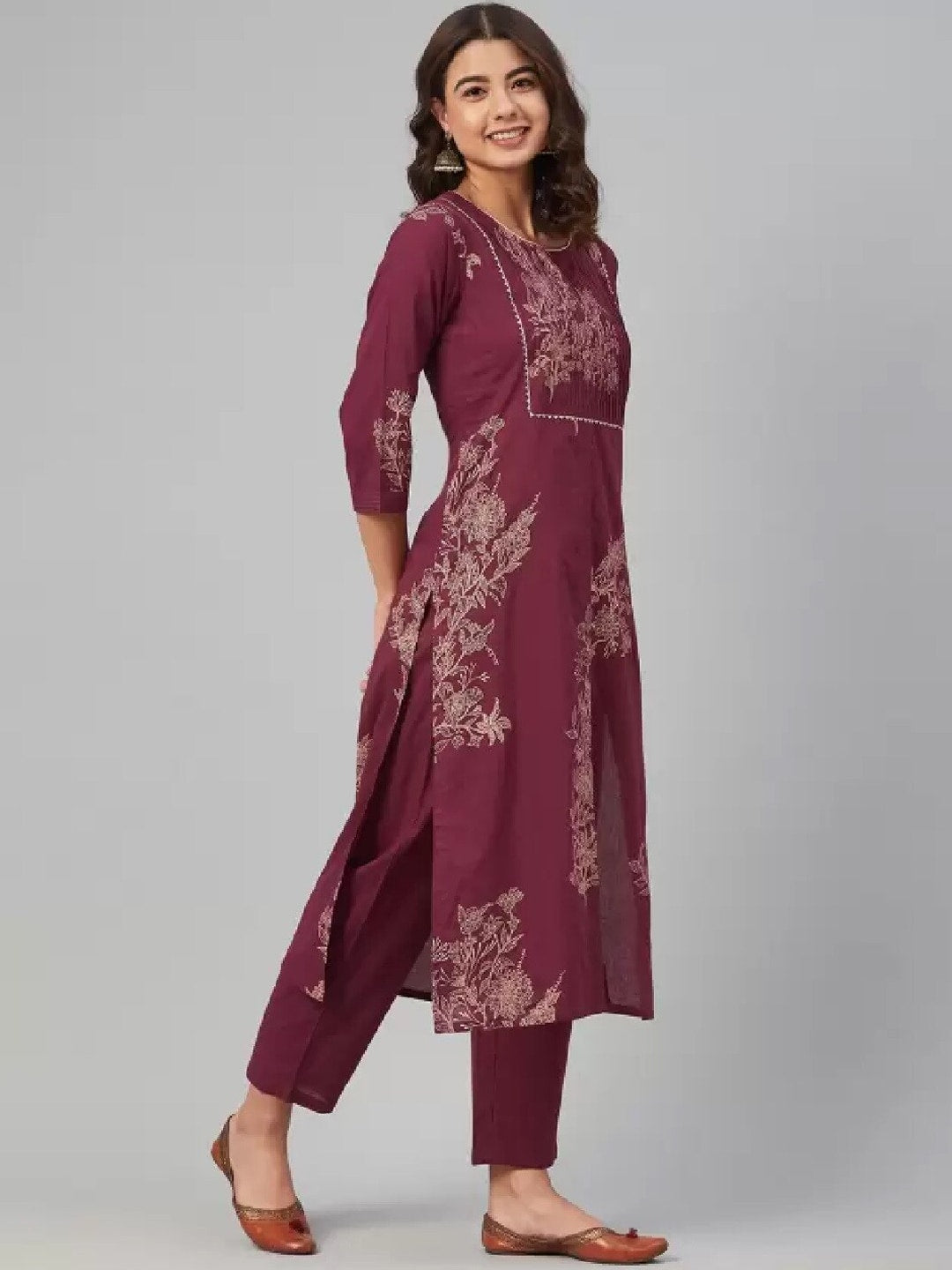 Sangria Women Floral Yoke Design Pure Cotton Kurta with Trousers | Grocsy