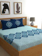 Dreamscape Blue & Green Ethnic Motifs 144 TC King Bedsheet with 2 Pillow Covers | Grocsy