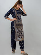 HERE&NOW Navy Blue Ethnic Motifs Printed Kurta with Trousers | Grocsy