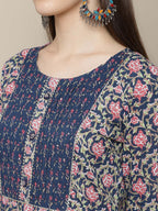 Sangria Women Navy Blue Floral Printed Pure Cotton Kurti with Trousers & With Dupatta | Grocsy