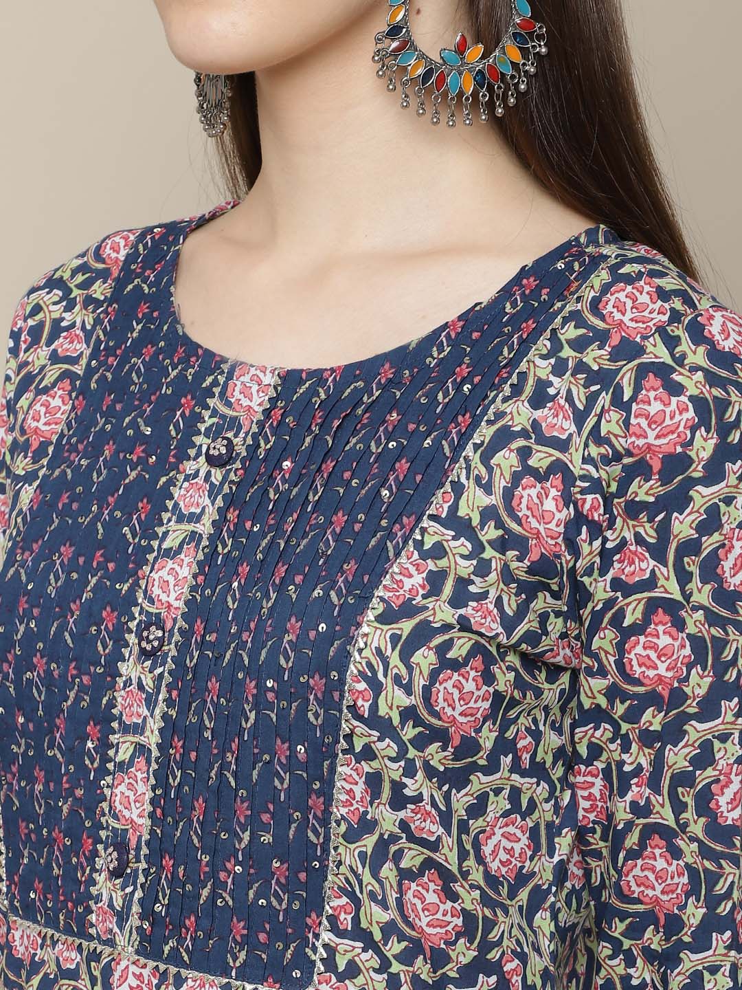 Sangria Women Navy Blue Floral Printed Pure Cotton Kurti with Trousers & With Dupatta | Grocsy