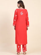 HOUSE OF KARI Floral Embroidered Chikankari Pure Cotton Straight Kurta With Trousers | Grocsy
