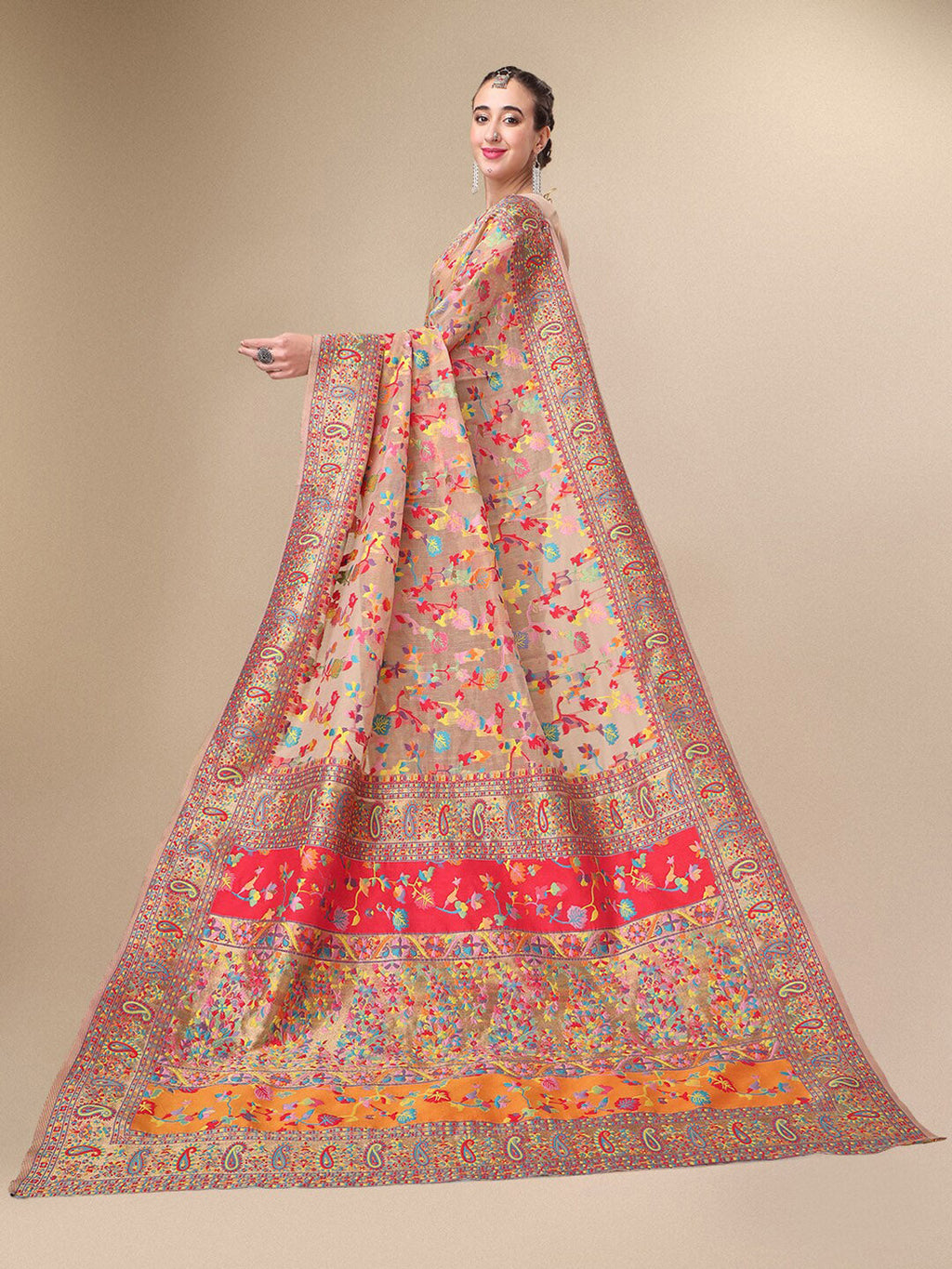 Sangria Beige & Orange Floral Woven Design Pure Silk Saree | Grocsy