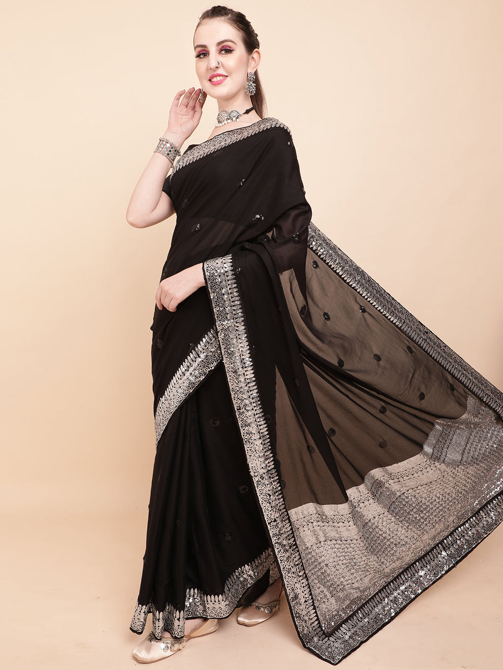 Sangria Black & Silver-Toned Embellished Sequinned Pure Georgette Saree | Grocsy