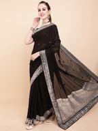 Sangria Black & Silver-Toned Embellished Sequinned Pure Georgette Saree | Grocsy