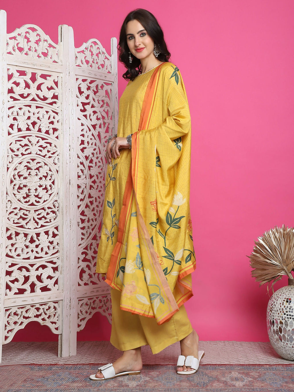 Jyoti Fashion Women's Yellow Muslin Floral Print with Jari & Crystal work Kurta with Trouser & Dupatta | Grocsy