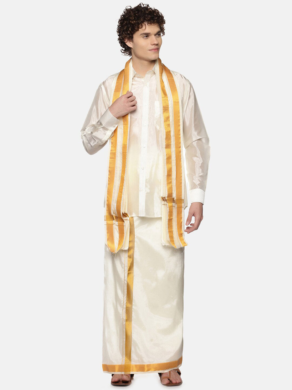 Sethukrishna Men Cream-Coloured Solid Art Silk Dhoti With Angavastram | Grocsy