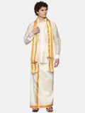 Sethukrishna Men Cream-Coloured Solid Art Silk Dhoti With Angavastram | Grocsy