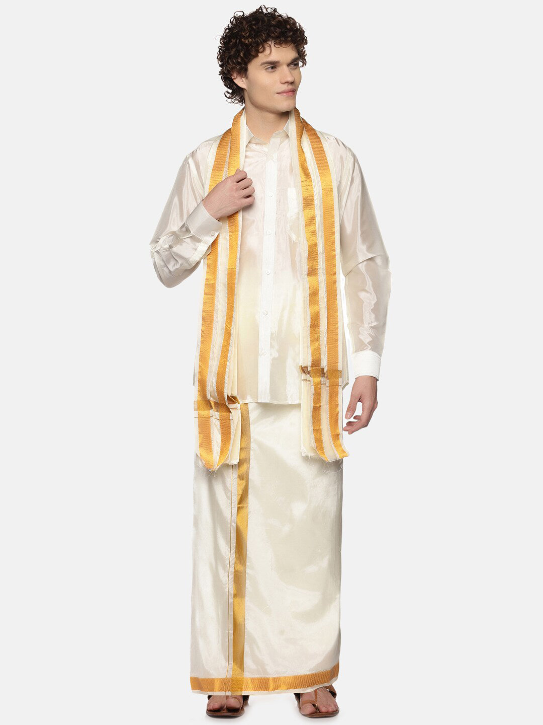 Sethukrishna Men Cream-Coloured Solid Art Silk Dhoti With Angavastram | Grocsy