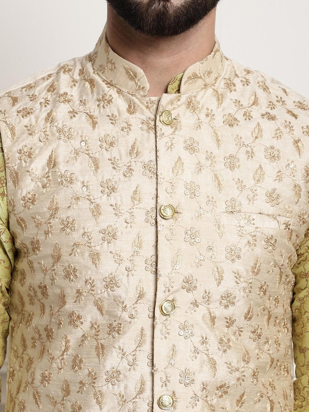 Sojanya Men Lime Green Ethnic Motifs Printed Kurta with Pyjamas & Nehru Jacket | Grocsy