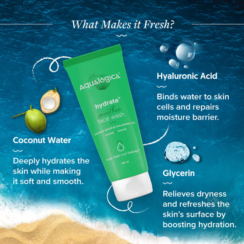Aqualogica Hydrate+ Smoothie Face Wash with Coconut Water & Hyaluronic Acid | Grocsy