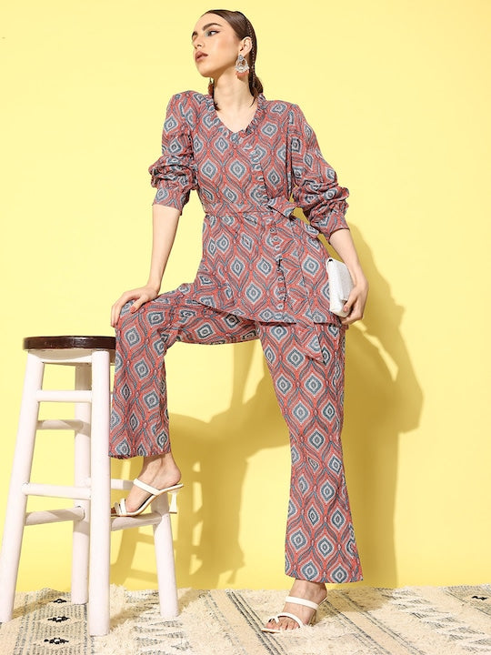 InWeave Women's Pink Blue Ogee Print Belted Coord Set | Grocsy