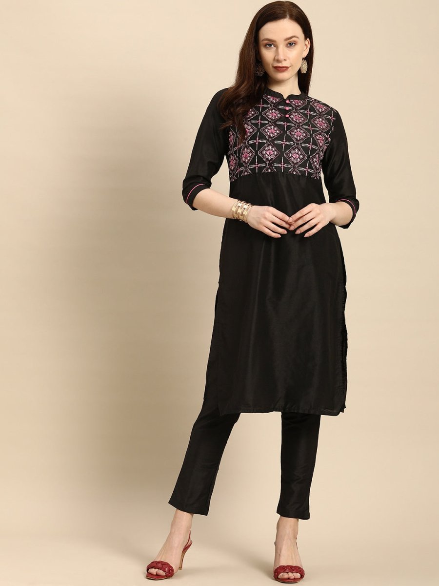 All About You Women Black Embroidered Kurta with Trousers | Grocsy