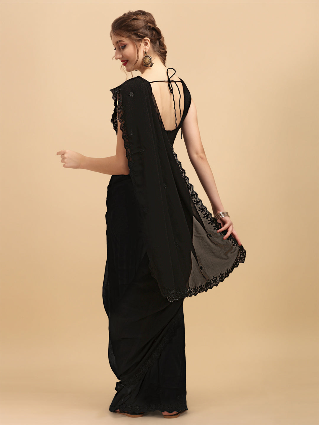 Sangria Black Embellished Sequinned Pure Georgette Saree | Grocsy