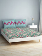 SPACES Aurum Blue Ethnic Motifs Pure Cotton 140 TC Queen Bedsheet With 2 Pillow Covers | Grocsy
