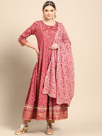 Sangria Women Pink & Peach-Coloured Floral Printed Floral Anarkali Kurta | Grocsy