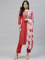 HERE&NOW Women Red Embroidered Straight Kurta with Trousers & With Dupatta | Grocsy