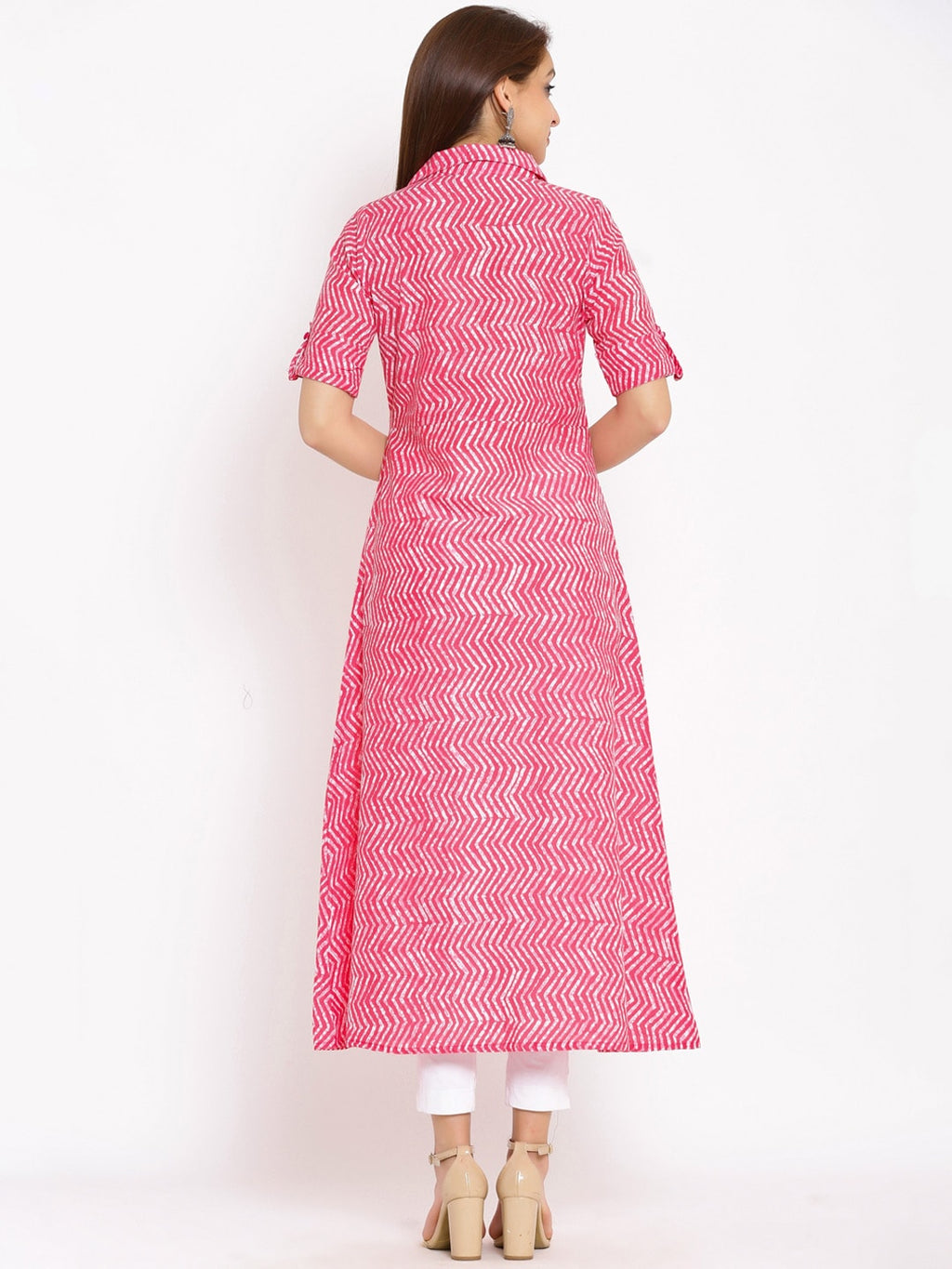 HERE&NOW Pink Shirt Collar Chevron Printed Roll Up Sleeves A-Line Kurta | Grocsy