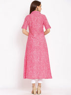 HERE&NOW Pink Shirt Collar Chevron Printed Roll Up Sleeves A-Line Kurta | Grocsy