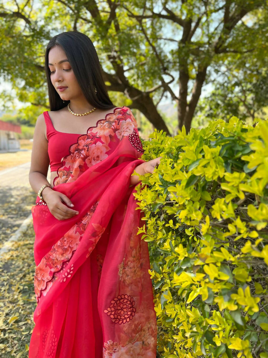 Vamsee Red Organza Saree | Grocsy