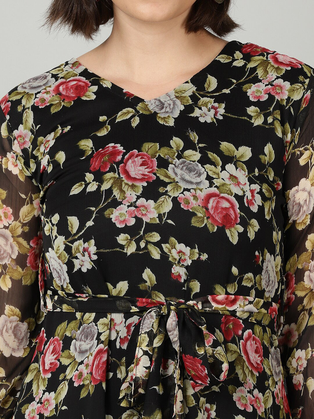 Souchii Black & Pink Floral Chiffon Midi Dress | Grocsy