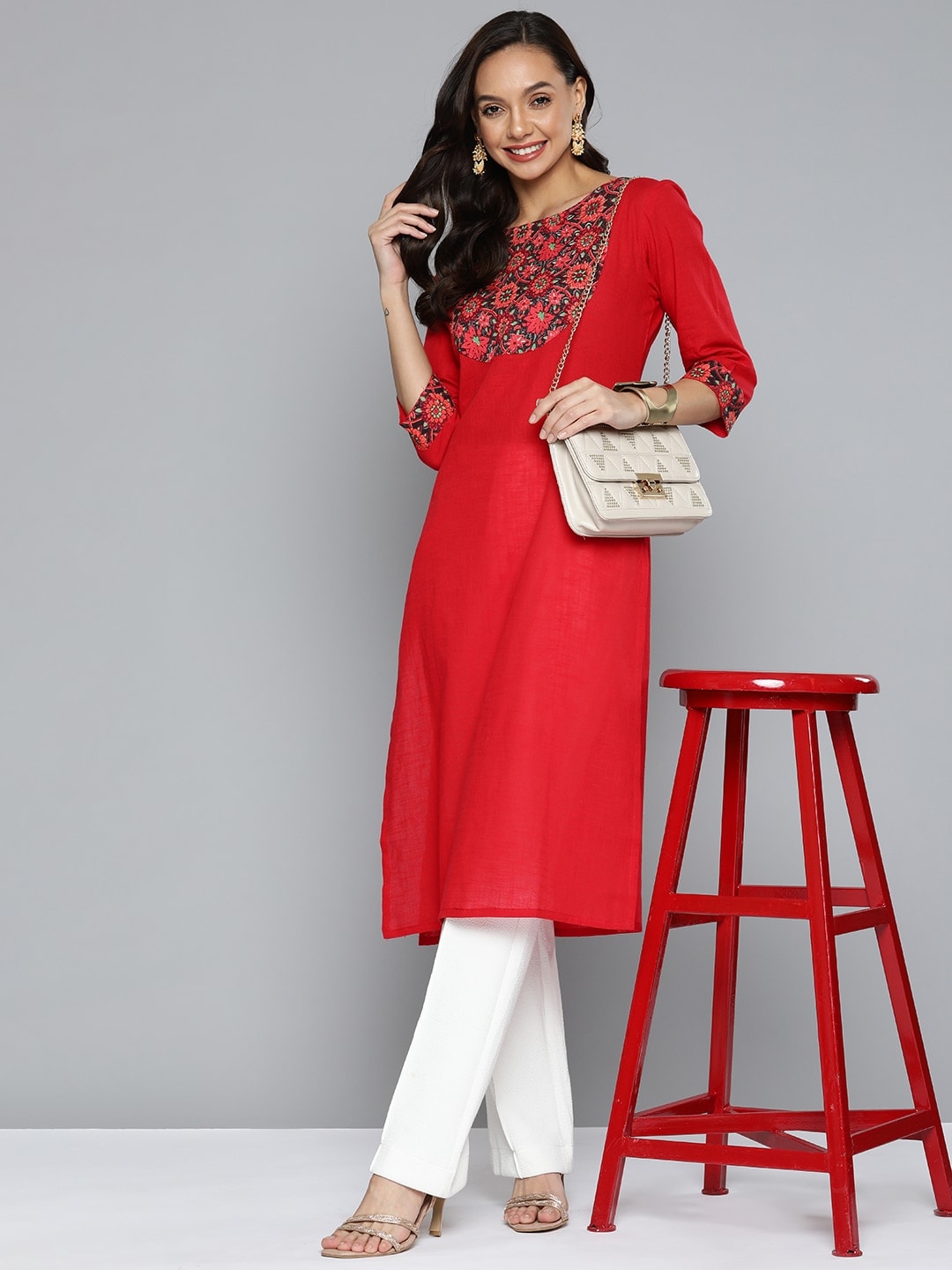 HERE&NOW Women Red & Black Yoke Design Pure Cotton Kurta | Grocsy