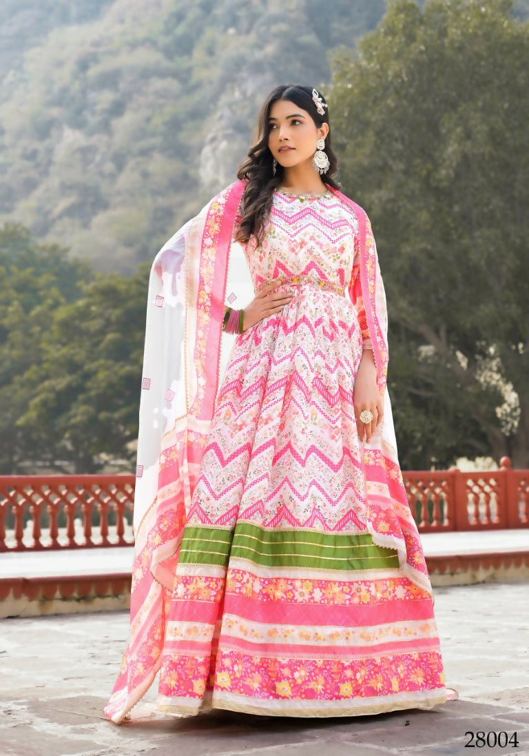 Wedding Designer Multi Soft Dola Silk Anarkali suit with Dupatta - Sanj | Grocsy