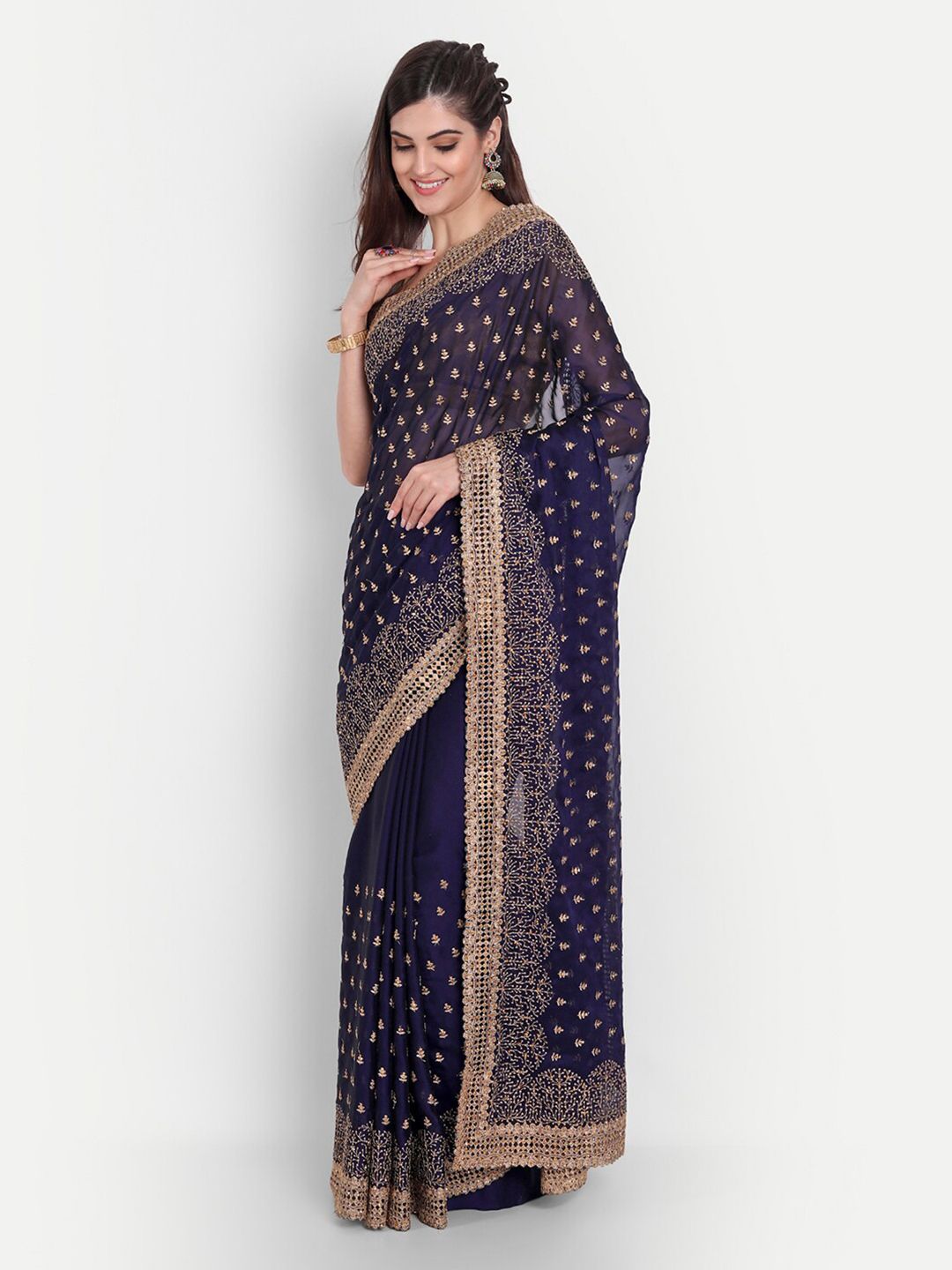 kasee Women Blue & Gold-Toned Floral Embroidered Art Silk Saree | Grocsy