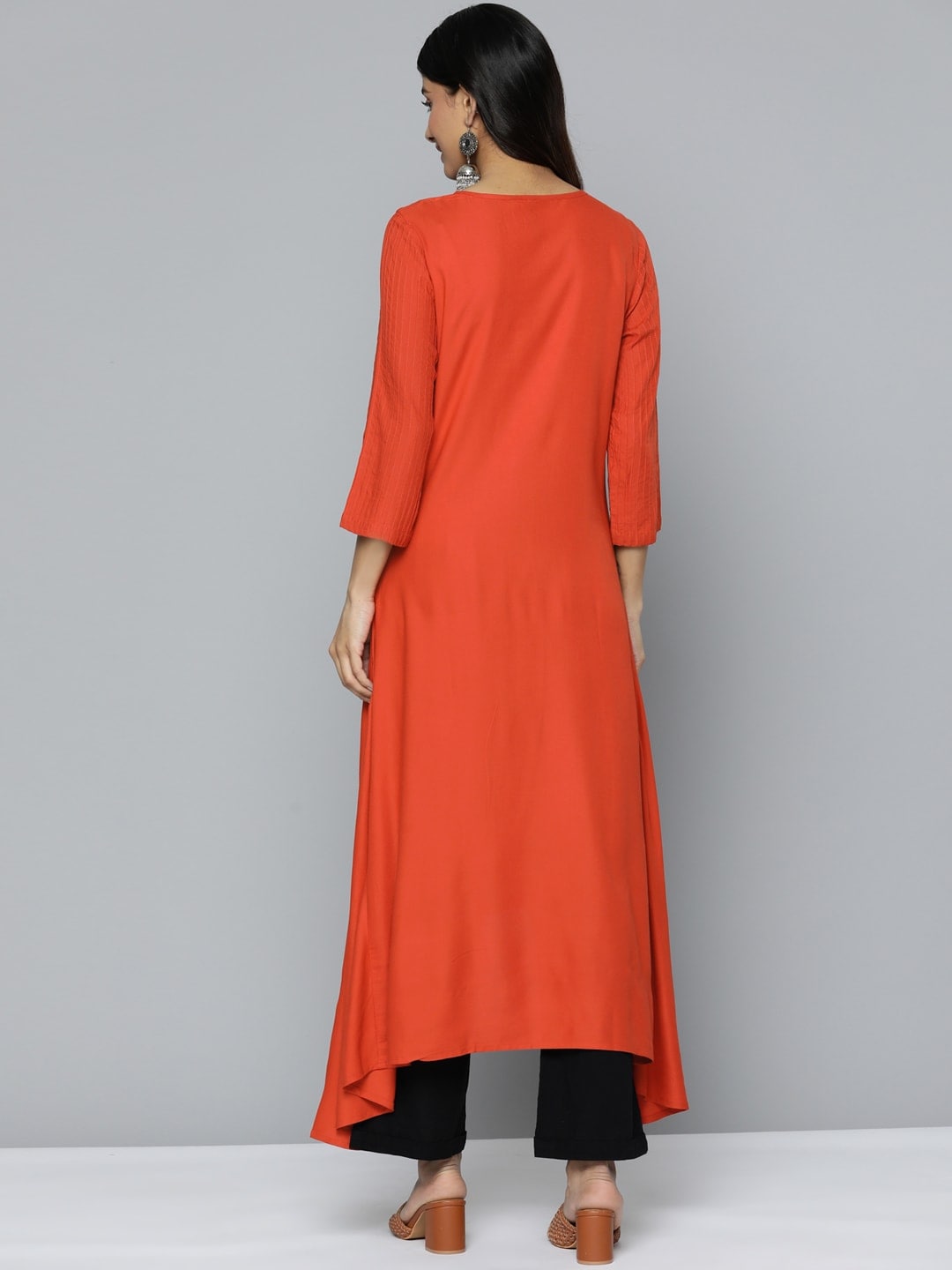 HERE&NOW Mirror Work Embroidered Keyhole Neck Asymmetric Dipped Hem Kurta | Grocsy