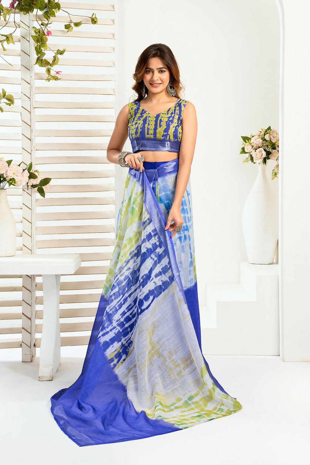 Vastranavya Blue Digital Printed Linen Ready To Wear Designer Saree with Unstitched Blouse | Grocsy