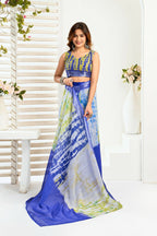 Vastranavya Blue Digital Printed Linen Ready To Wear Designer Saree with Unstitched Blouse | Grocsy