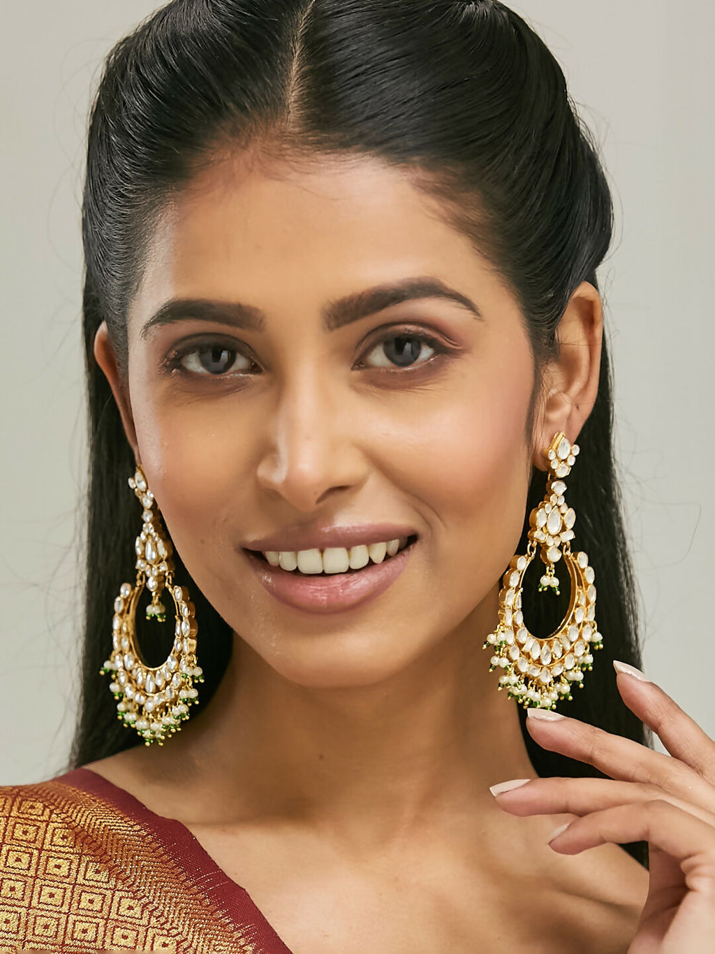 Nuyug 22K Gold-Plated Elegant Kundan Studded & Beaded Floral Chandbali Earrings | Grocsy