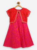 Ahalyaa Pink Crepe Floral Printed Kids Kurta with Jacket For Girls | Grocsy