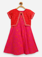 Ahalyaa Pink Crepe Floral Printed Kids Kurta with Jacket For Girls | Grocsy