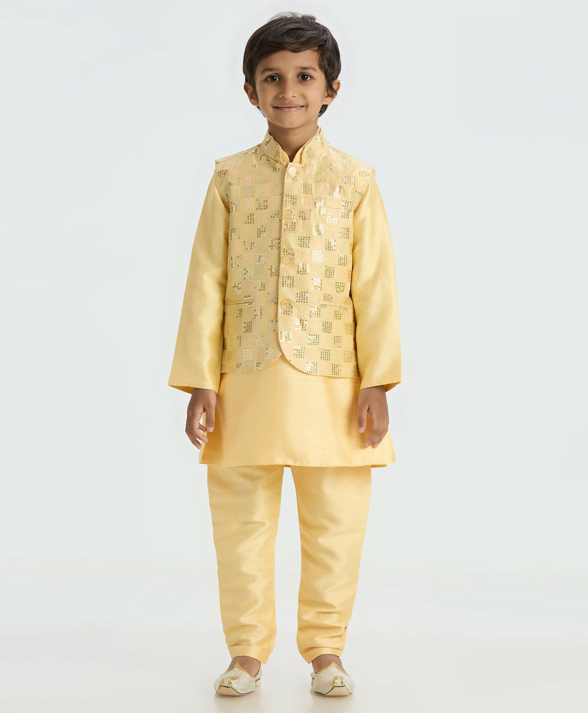 Joban Fashion Kids Island Elegant Box Sequence work Nehru Jacket Full Sleeves Kurta, Pyjama Set - Golden | Grocsy