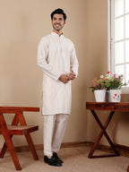 Off Whit Silk Designer Embroidery Work Men's Rajwadi Kurta Set - Mahotsav | Grocsy