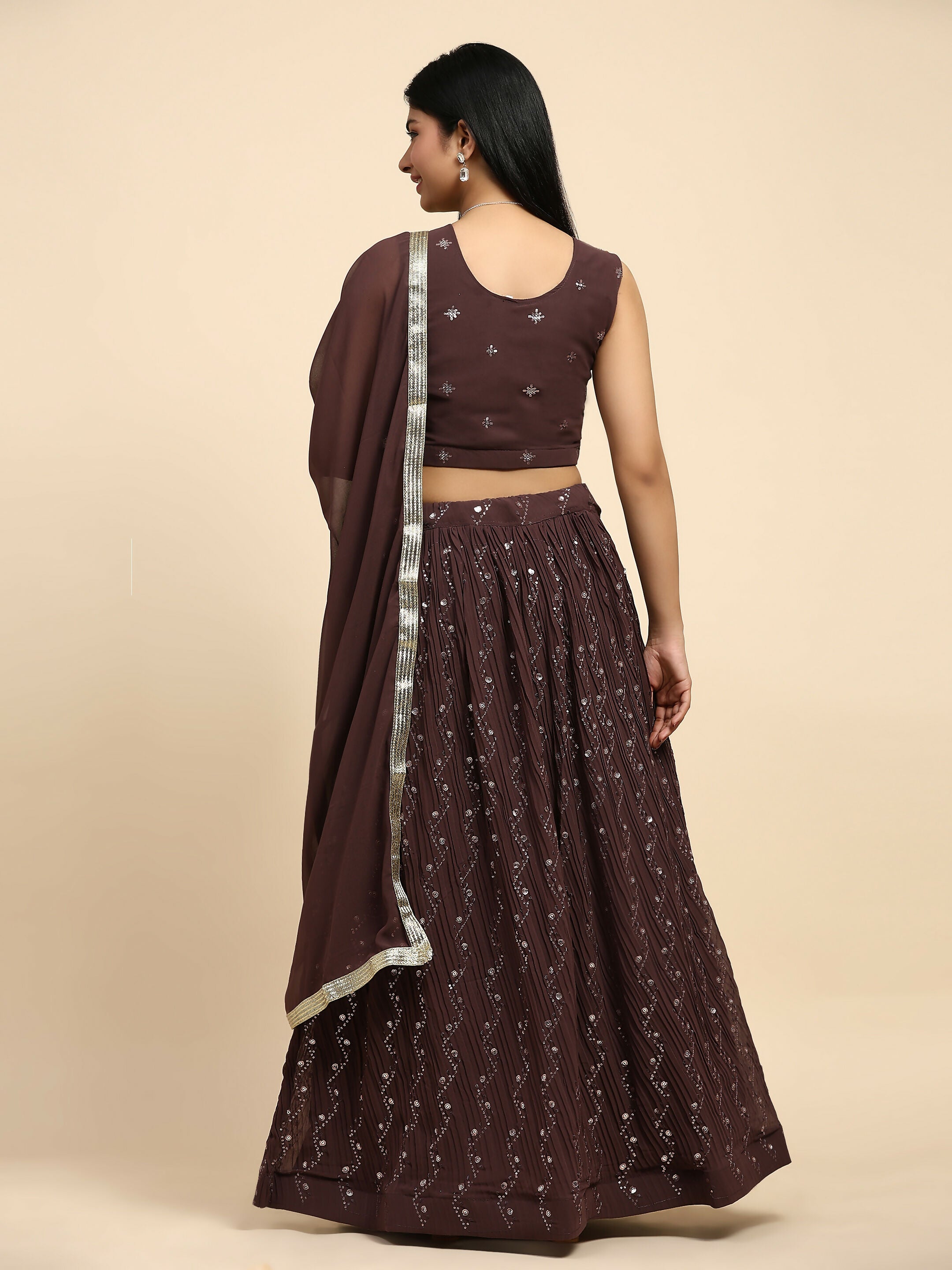 Brown Georgette Embroidered Lehenga choli with Dupatta - Dhara | Grocsy