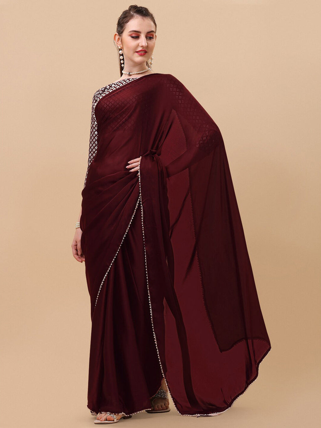Sangria Women Burgundy Sarees | Grocsy