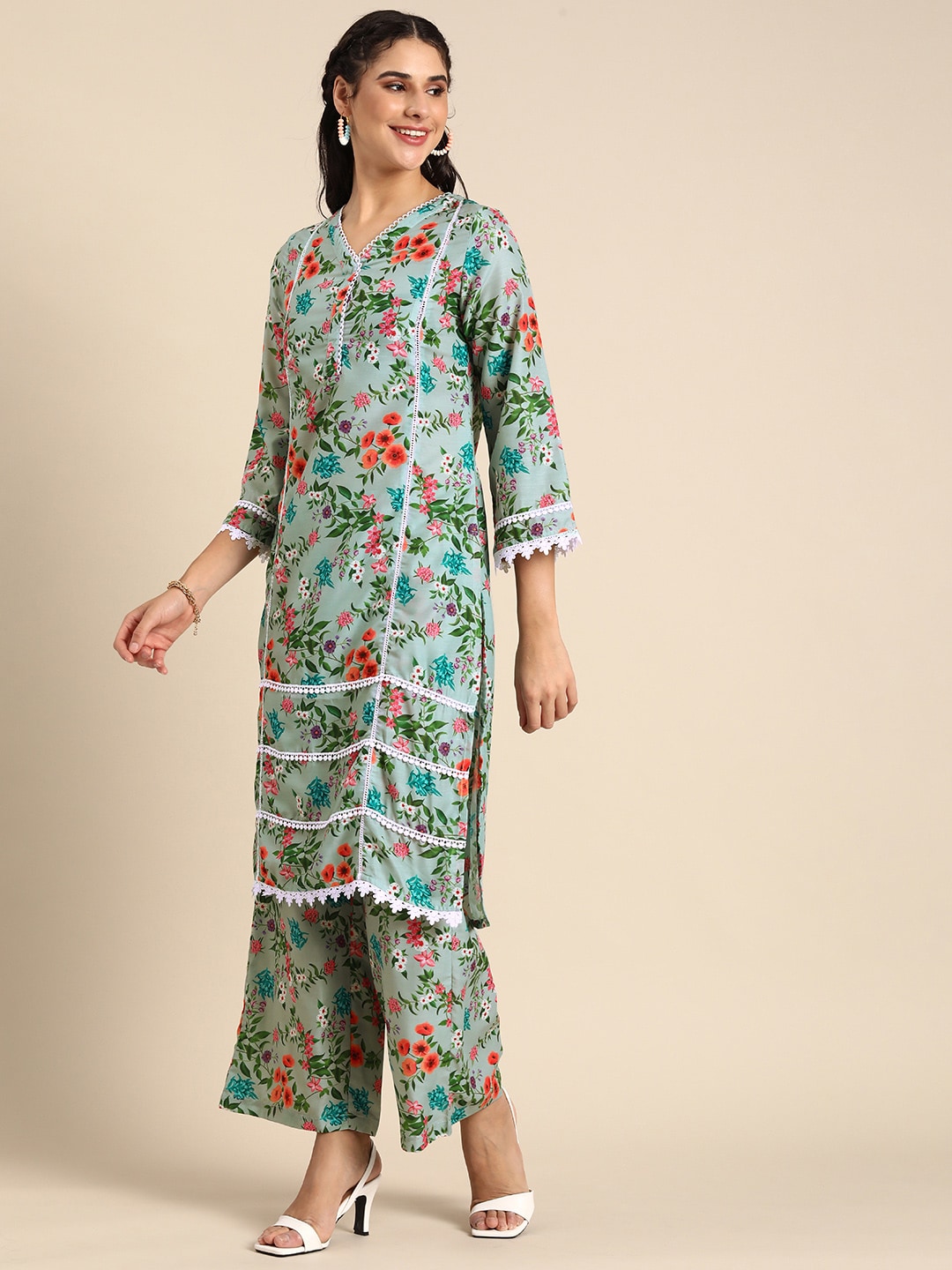 Sangria Women V-Neck Floral Printed Regular Kurta with Palazzos & With Dupatta | Grocsy