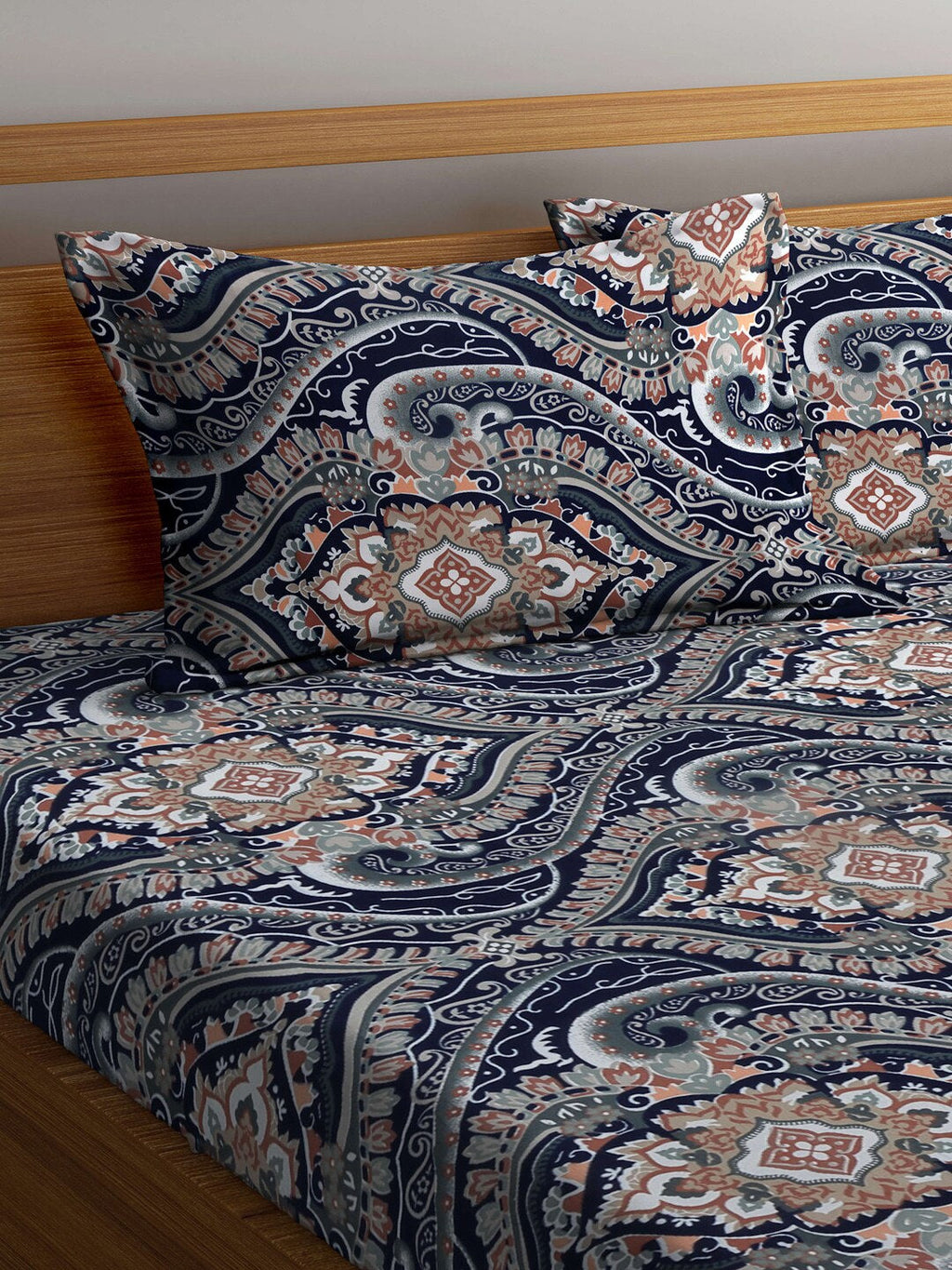 KLOTTHE Blue & Brown Ethnic Motif Printed 300 TC Fitted King Bedsheet With 2 Pillow Covers | Grocsy