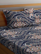 KLOTTHE Blue & Brown Ethnic Motif Printed 300 TC Fitted King Bedsheet With 2 Pillow Covers | Grocsy