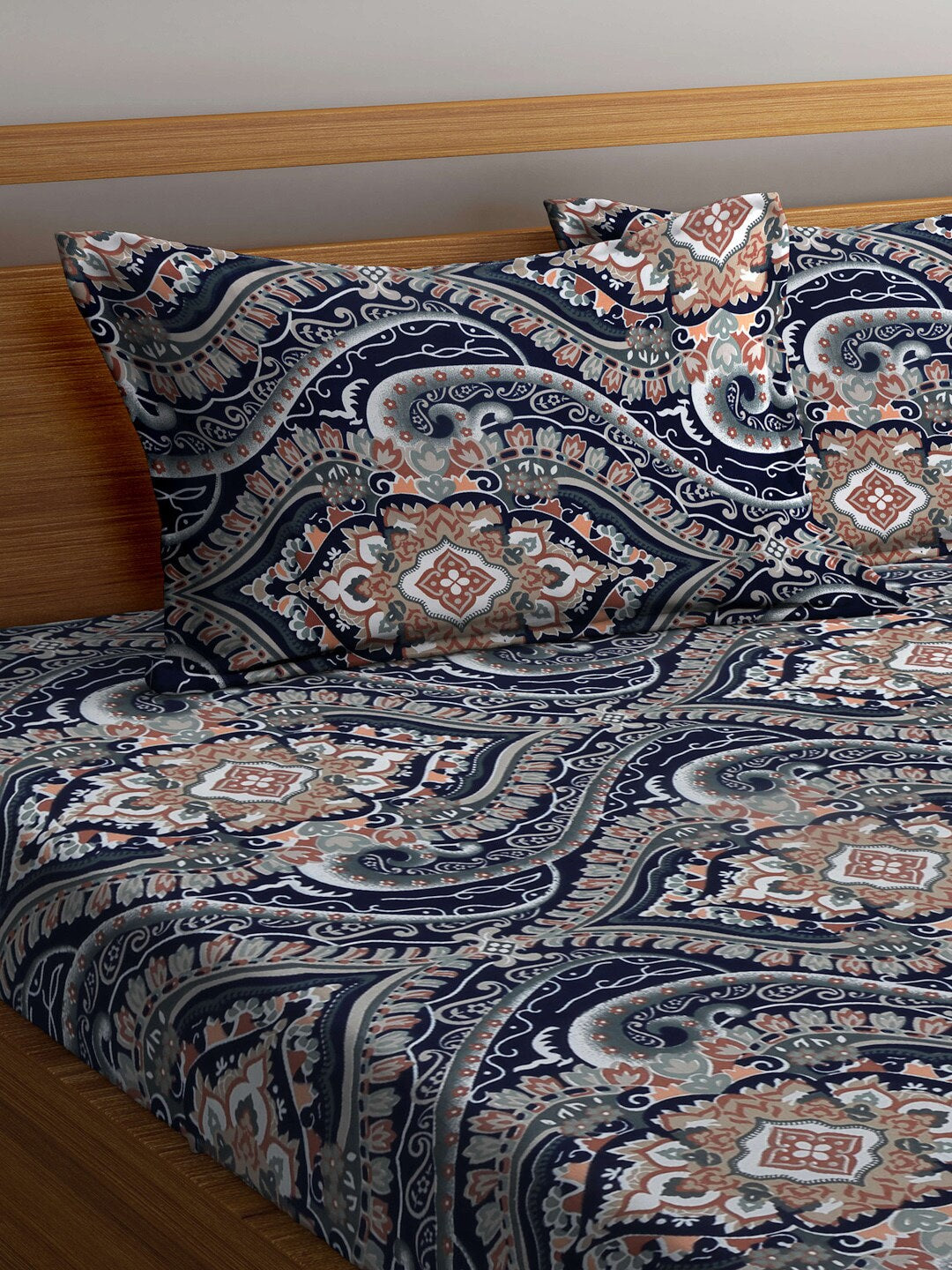 KLOTTHE Blue & Brown Ethnic Motif Printed 300 TC Fitted King Bedsheet With 2 Pillow Covers | Grocsy