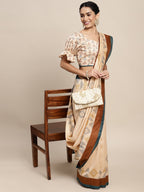 Saree Mall Beige & Brown Geometric Printed Taant Sarees | Grocsy