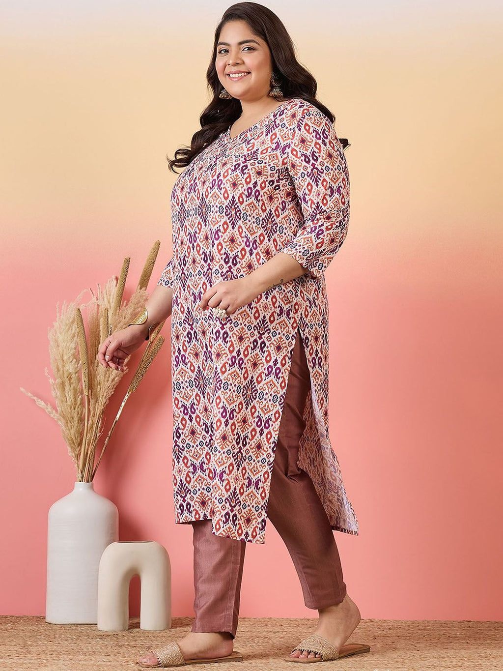 Sztori Plus Size Ethnic Motifs Printed V-Neck Crepe Straight Kurta | Grocsy