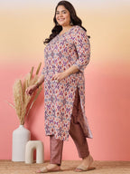 Sztori Plus Size Ethnic Motifs Printed V-Neck Crepe Straight Kurta | Grocsy