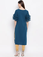 Janasya Women Teal Blue Geometric Printed Keyhole Neck Flared Sleeves Crepe Kurta | Grocsy