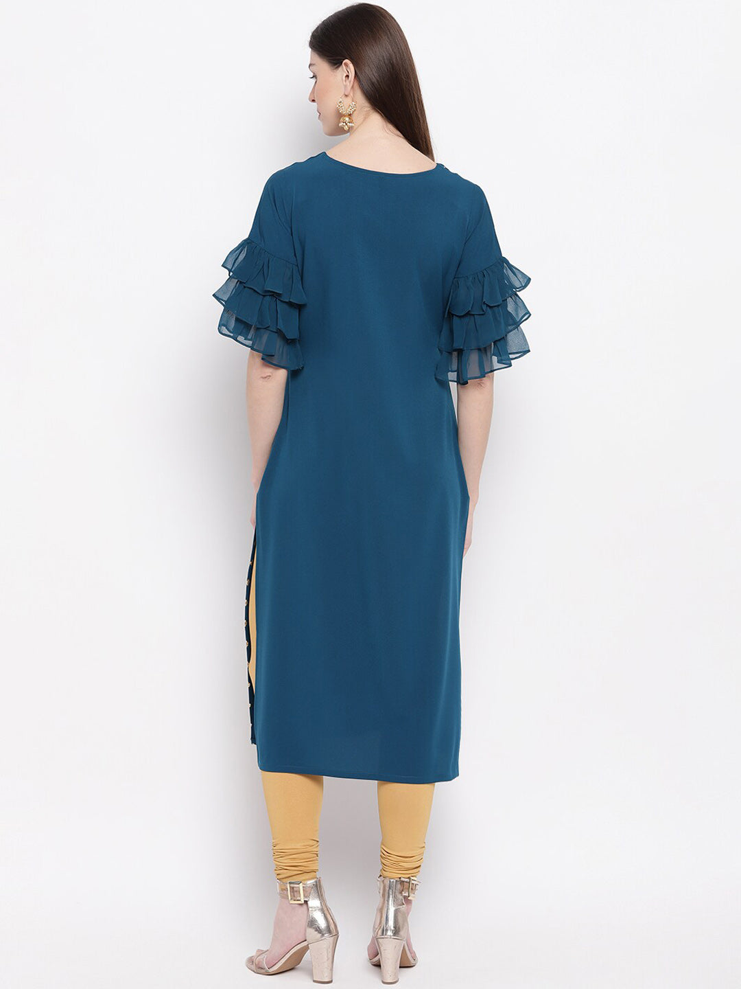 Janasya Women Teal Blue Geometric Printed Keyhole Neck Flared Sleeves Crepe Kurta | Grocsy