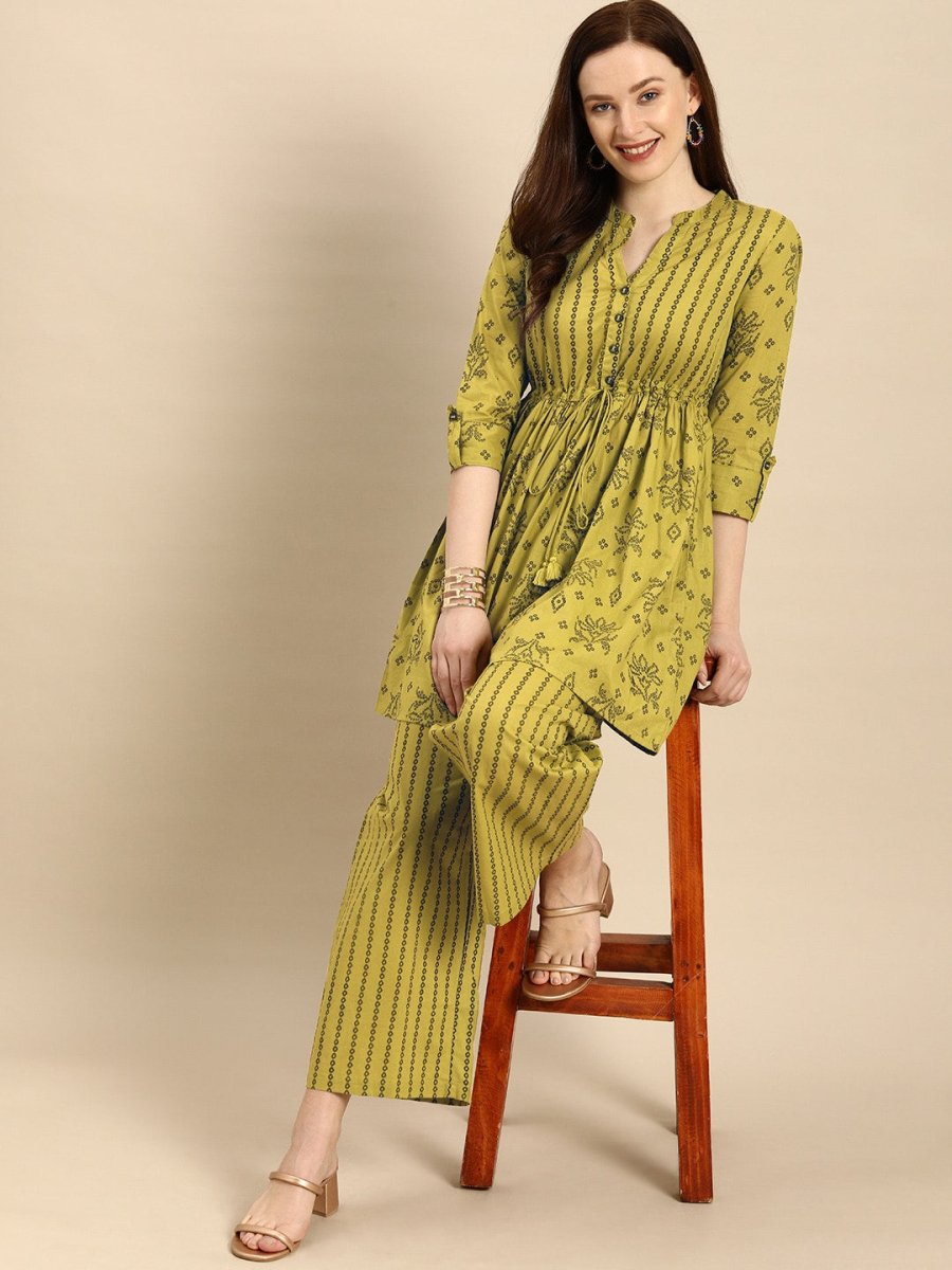 All About You Women Green Printed Pure Cotton Kurti with Palazzos | Grocsy