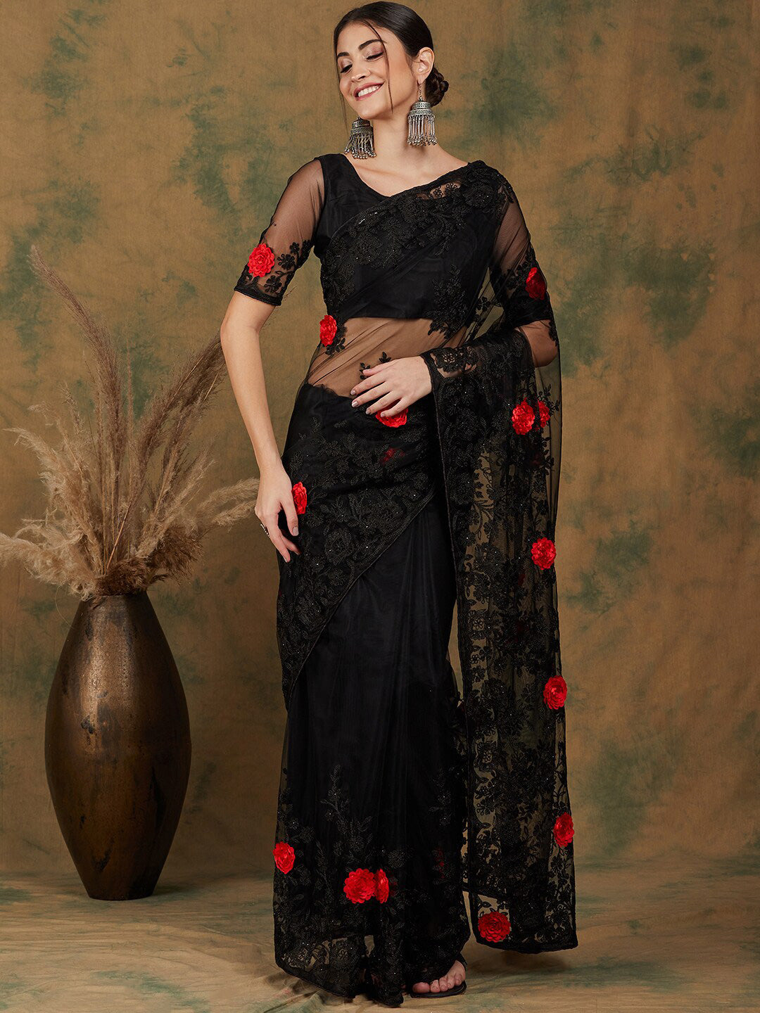 Sangria Black Floral Embroidered Saree | Grocsy